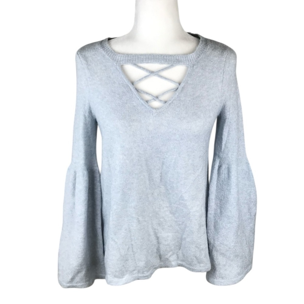American Eagle Grey Bell Sleeve Lace Up Sweater Size S